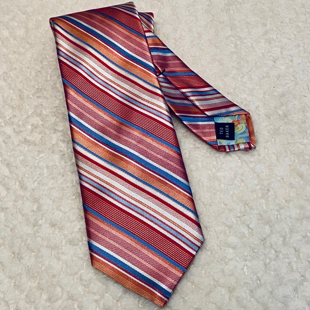 Ted Baker London 100% Silk Tie Pink Blue White Striped